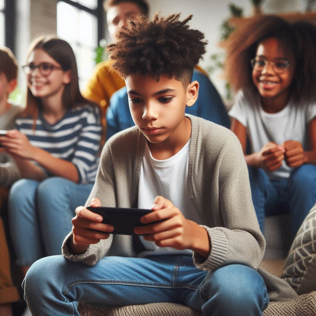 a boy playing a mobile game